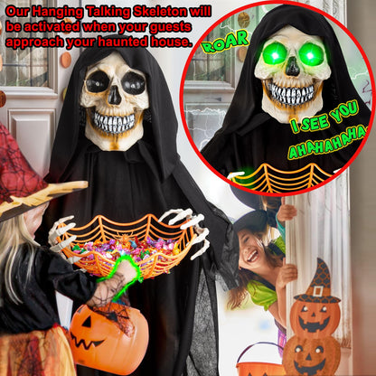 71” Halloween Hanging Animated Skeleton Ghost Decoration with Sound Activated, Candy Dish, Glowing Eyes, Spooky Sounds for Halloween Haunted House Prop and Party Decor, Indoor/Outdoor Display