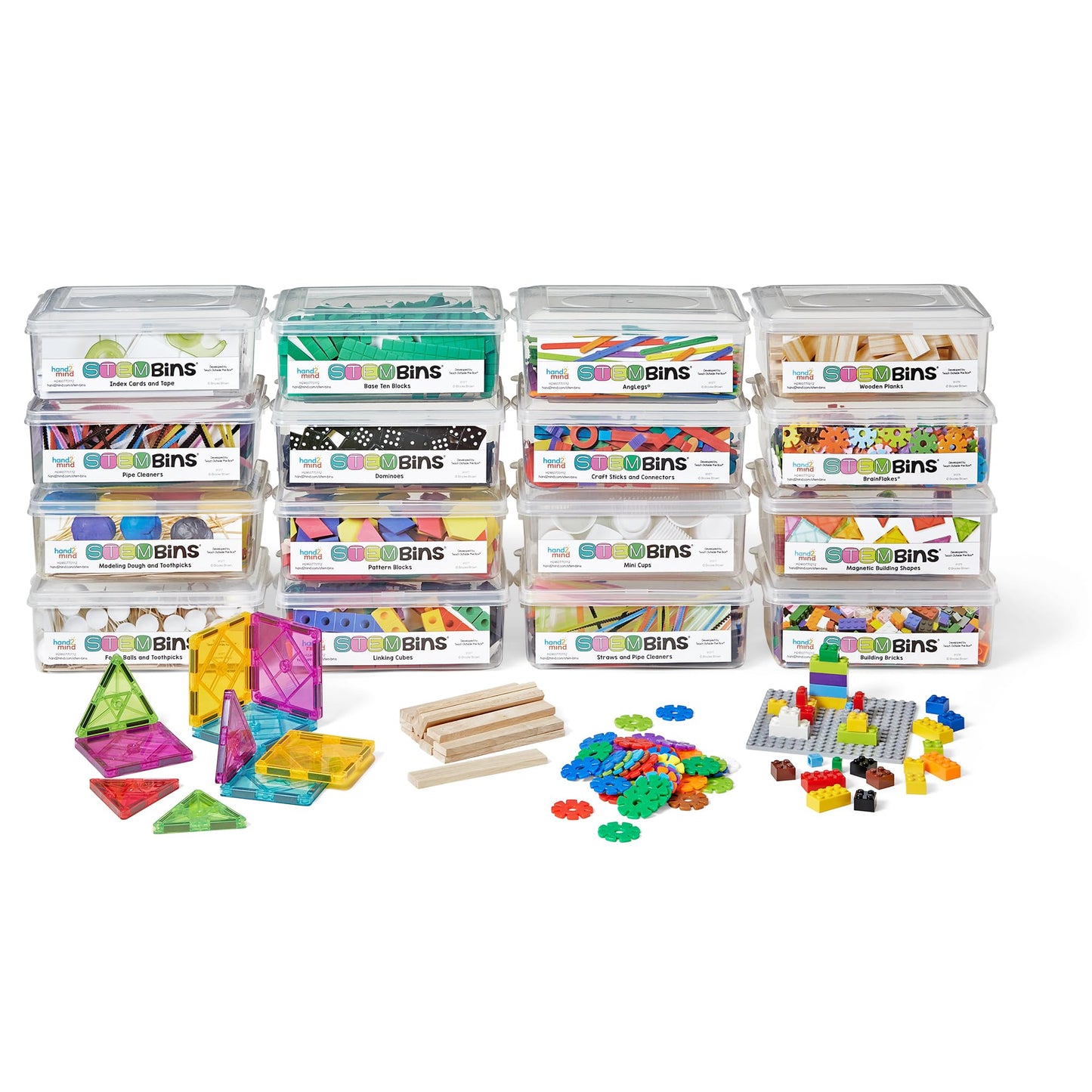 hand2mind STEM Bins Comprehensive Set by Brooke Brown, STEM Bins for Classroom, STEM Manipulatives for Elementary, STEM Activities, Kids Engineering Building Kits, Science Teacher Supplies (Set of 16)