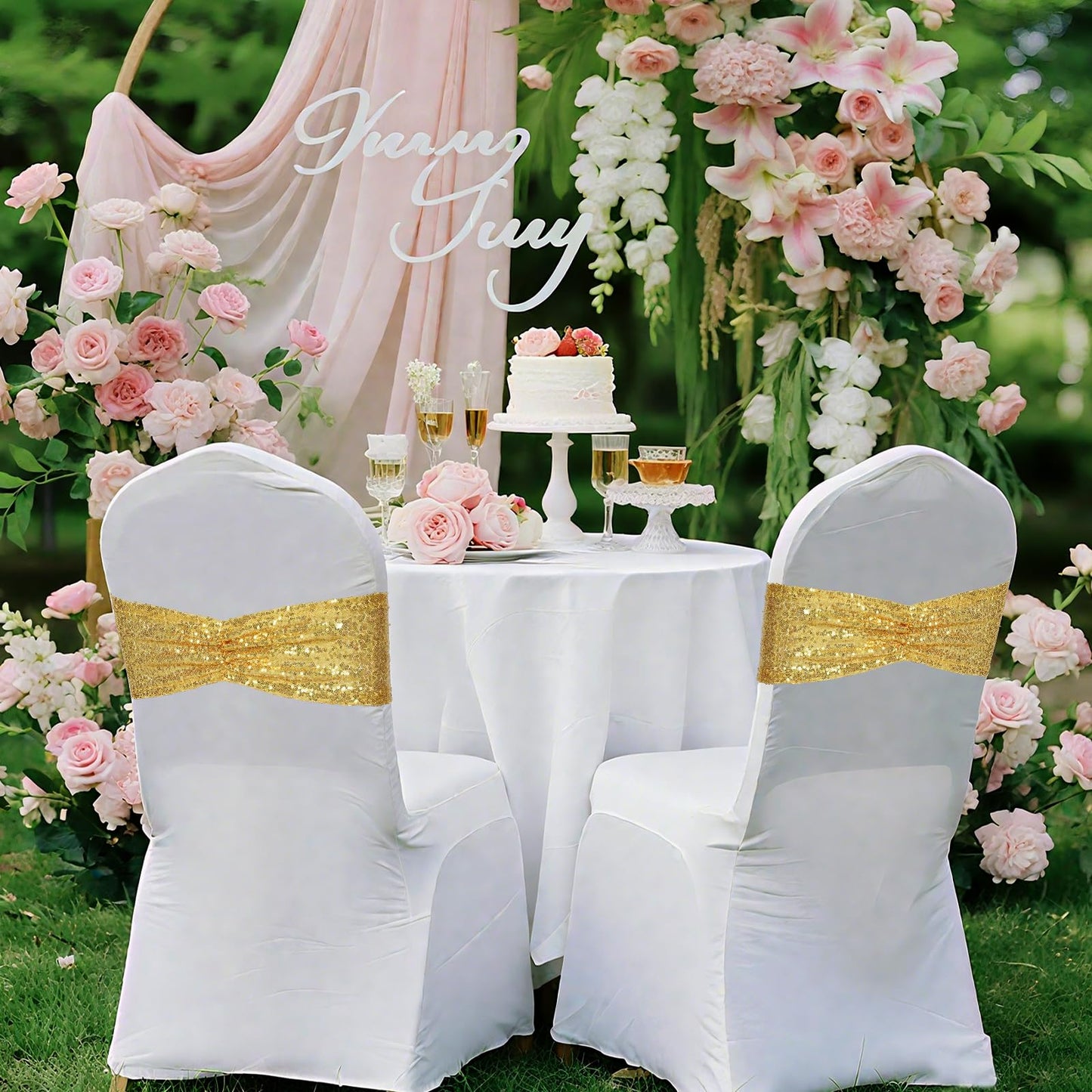 Poise3EHome Gold Sequin Chair Sashes Folding Chair Covers Bow for Party Wedding Reception Decorations, 50 PCS