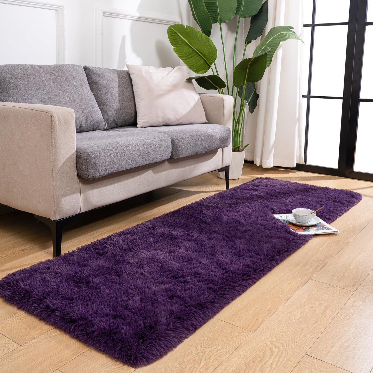 Przemy Fluffy Runner Rug for Bedroom Living Room, 2x6 Feet Dark Purple Shag Area Rugs, Soft Fuzzy Carpet for Bedside Nursery Kids Room College Dorm, Plush Throw Rug for Home Decor