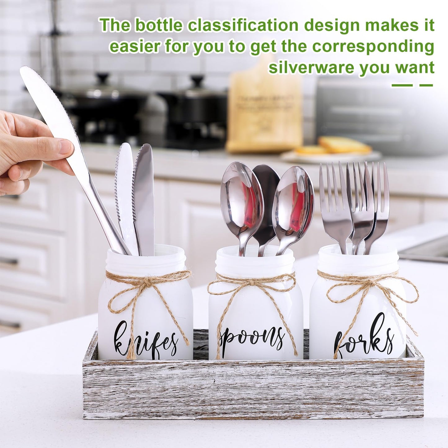 Tiangrid 4 Pcs Silverware Utensil Holder Mason Jar with Wooden Utensil Organizer for Kitchen Countertop Forks Spoons Knives Storage White Farmhouse Kitchen Caddy Glass Cooking Decor for Party