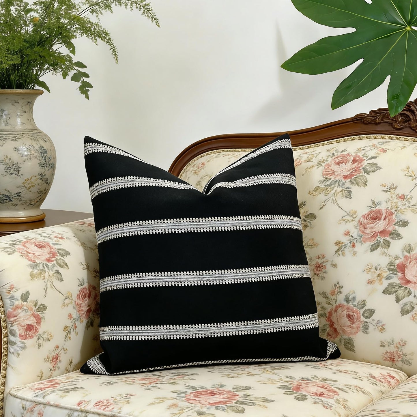 Slow Cow Decorative Jacquard Textured Woven Stripe Throw Pillow Cover Cushion Cover 26 x 26 Inches Black Mixed Off White