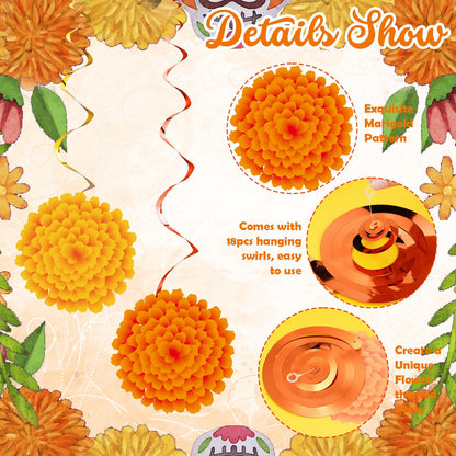 Trandraft 36 Pcs Marigold Flower Diwali Decorations Day of The Dead Dia De Los Muertos Marigold Flower Decorations Hanging Streams Swirls for Home Pooja Indian Varalakshmi Altar Ofrenda Decor