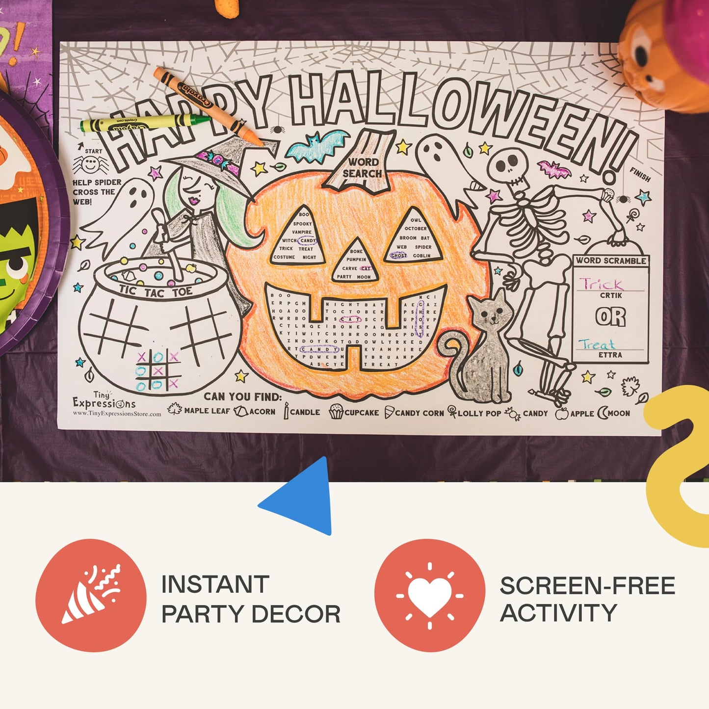 Tiny Expressions Halloween Placemats (Pack of 12 Pumpkin Placemats) | Coloring Activity Paper Table Mats for Parties & Events | Disposable Bulk Bundle Set