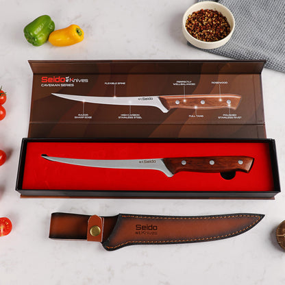 Seido Knives Caveman 7.5" Fillet Knife – Flexible Stainless Steel Blade with Rosewood Handle & Leather Sheath