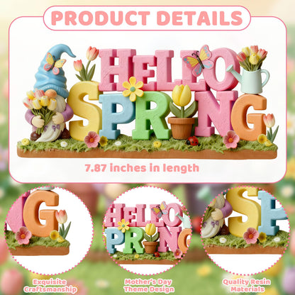 Simgoing 1 Pack Hello Spring Table Decoration Resin Spring Gnome Decorations for Home Pastel Flower Table Sign Festive Floral Statue Tabletop Centerpiece for House Tabletop Tiered Tray Fireplace Decor