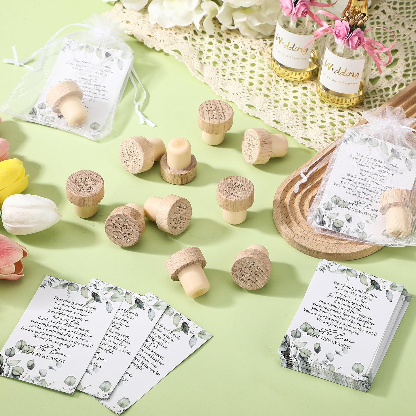 Barydat 50 Sets Wedding Favors for Guests Bulk Engraved Wood Wine Bottle Corks Wine Stopper with Wedding Thank You Cards and Organza Bags Appreciation Gifts for Guest Thank You Gifts(Novelty)