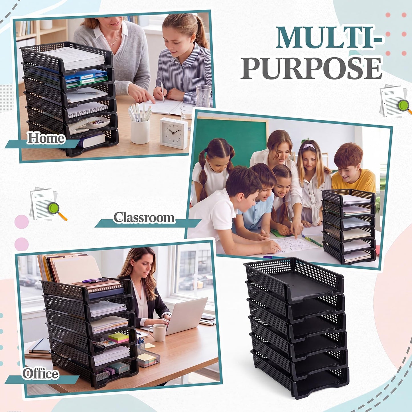 Geetery Set of 12 Plastic Trays for Teachers Turn in Trays Classroom Stackable Paper Tray Plastic Classroom Teachers Desk Letter Organizer Storage Baskets for Office, Desk, Home (Black)