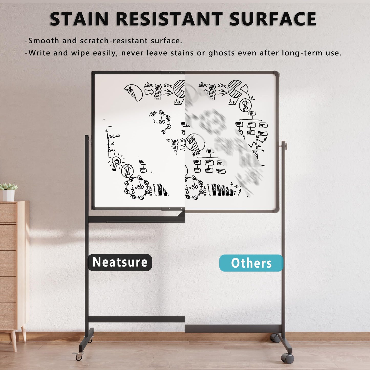 Large Rolling Whiteboard on Wheels, 48" x 36" Double-Sided Mobile White Board with Stand, 4' x 3' Portable Standing Magnetic Dry Erase Board Easel for Home Office Classroom School, Black
