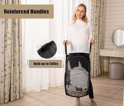 HOUSE AGAIN Mesh Popup Laundry Hamper, [Reinforced] Collapsible Laundry Basket, Foldable Pop Up Hamper with Durable Handles, Easy to Open and Fold for Dorm, Laundry Room, Bedroom, Travel, (Black)