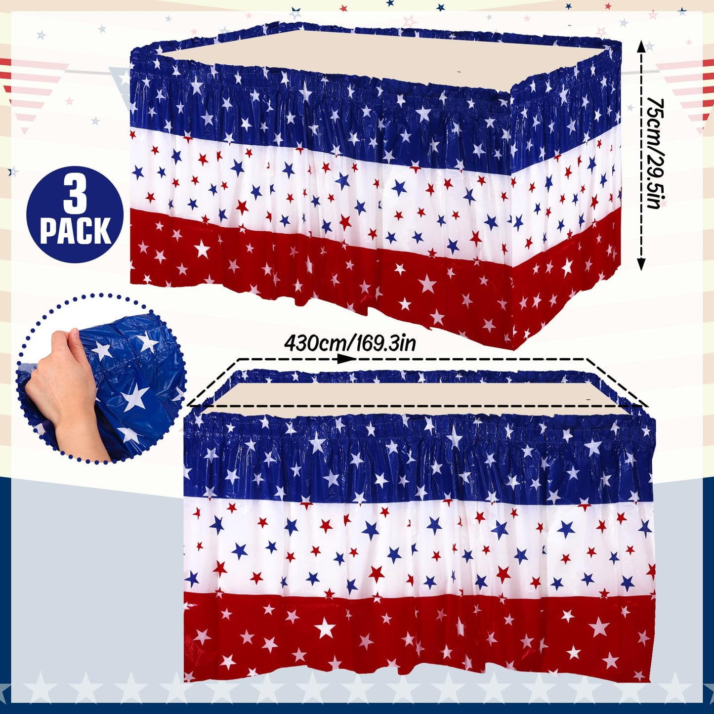 AnyDesign 3Pcs Independence Day Table Skirts 2.5 x 14.1 Ft 4th of July Plastic Table Skirts Patriotic Decorations American Star Stripe Disposable Skirting for 250th Anniversary Veterans Party Supplies