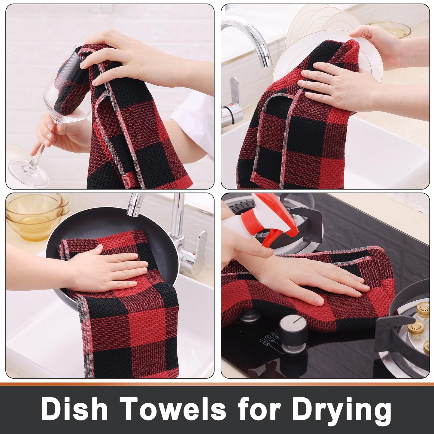 Mordimy 100% Cotton Waffle Weave Kitchen Towels, 13 x 28 Inches, Super Soft and Absorbent Buffalo Check Dish Towels for Drying Dishes, 4-Pack, Black & Red