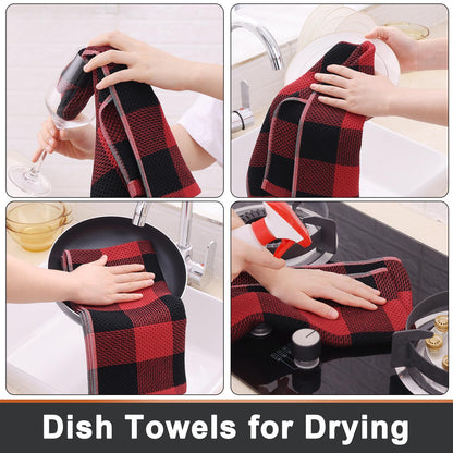 Mordimy 100% Cotton Waffle Weave Kitchen Towels, 13 x 28 Inches, Super Soft and Absorbent Buffalo Check Dish Towels for Drying Dishes, 4-Pack, Black & Red