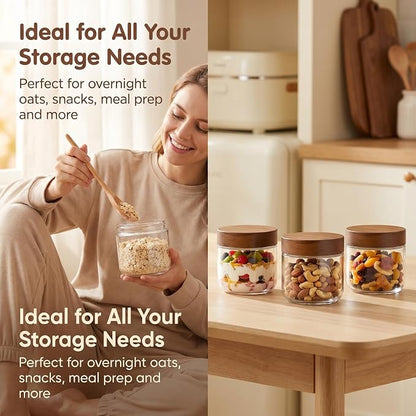 Danmu 8 oz Overnight Oats Containers with Lids,Glass Jars with Lids 6 Pack | Wooden Lid,Meal Prep,Yogurt,Leftovers,Leak-proof,Dishwasher Safe(remove lids),Fridge Safe,Portable,Stackable