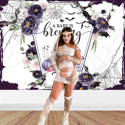 Mocsicka Halloween Baby Shower Backdrop A Baby is Brewing Baby Shower Party Decoartion Watercolor Flower Coffin Vampire Bat Baby Sprinkle Banner (Purple, 7x5ft(82''x60''))