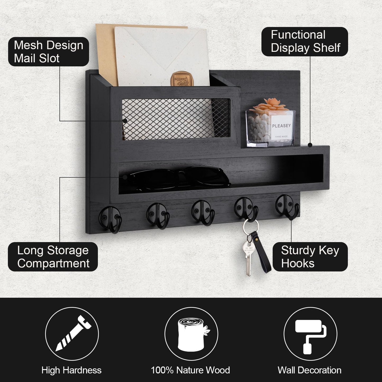 Lucundm Key and Mail Holder Wall Mount, Key Hanger with Long Storage Box and 5 Hooks for Coat, Dog Leash, Home Decor Rack, House Accessories, Entry Way Organizer 11.8”W x 7.8”H x 3.2”D