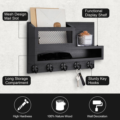 Lucundm Key and Mail Holder Wall Mount, Key Hanger with Long Storage Box and 5 Hooks for Coat, Dog Leash, Home Decor Rack, House Accessories, Entry Way Organizer 11.8”W x 7.8”H x 3.2”D