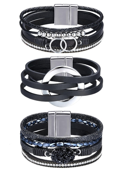 Sanfenly Leather Wrap Bracelets for Women,Boho Wrap Bracelets Leather Cuff Bangle Beads Bracelets Stackable Western Bracelets Jewelry for Women (Gold/Black/Gray/Turquoise)