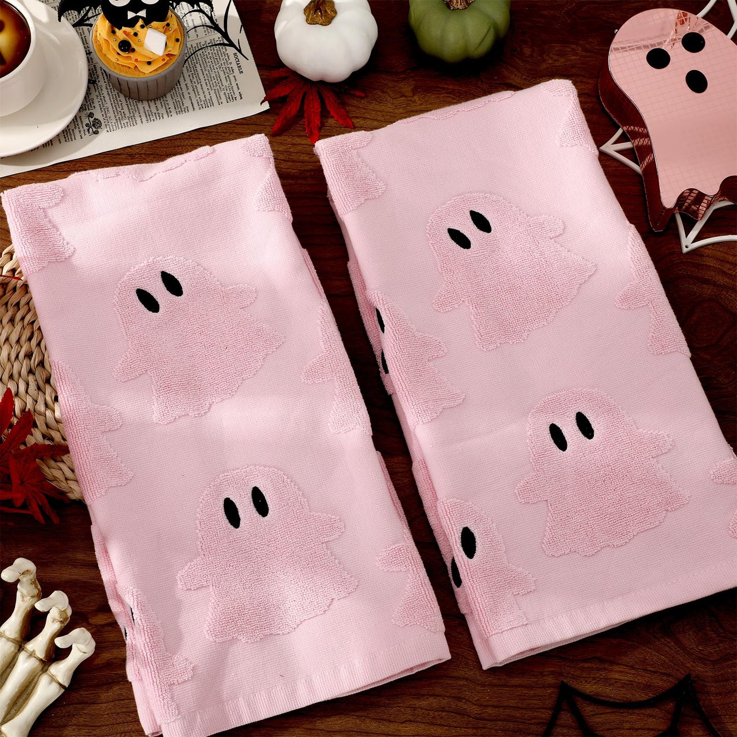 Whaline 2Pcs Halloween Hand Towel Pink 3D Ghost Jacquard Cotton Towel Absorbent Dish Towels for Kitchen Bathroom Drying Cleaning Cooking, 13.8 x 29.5 Inch
