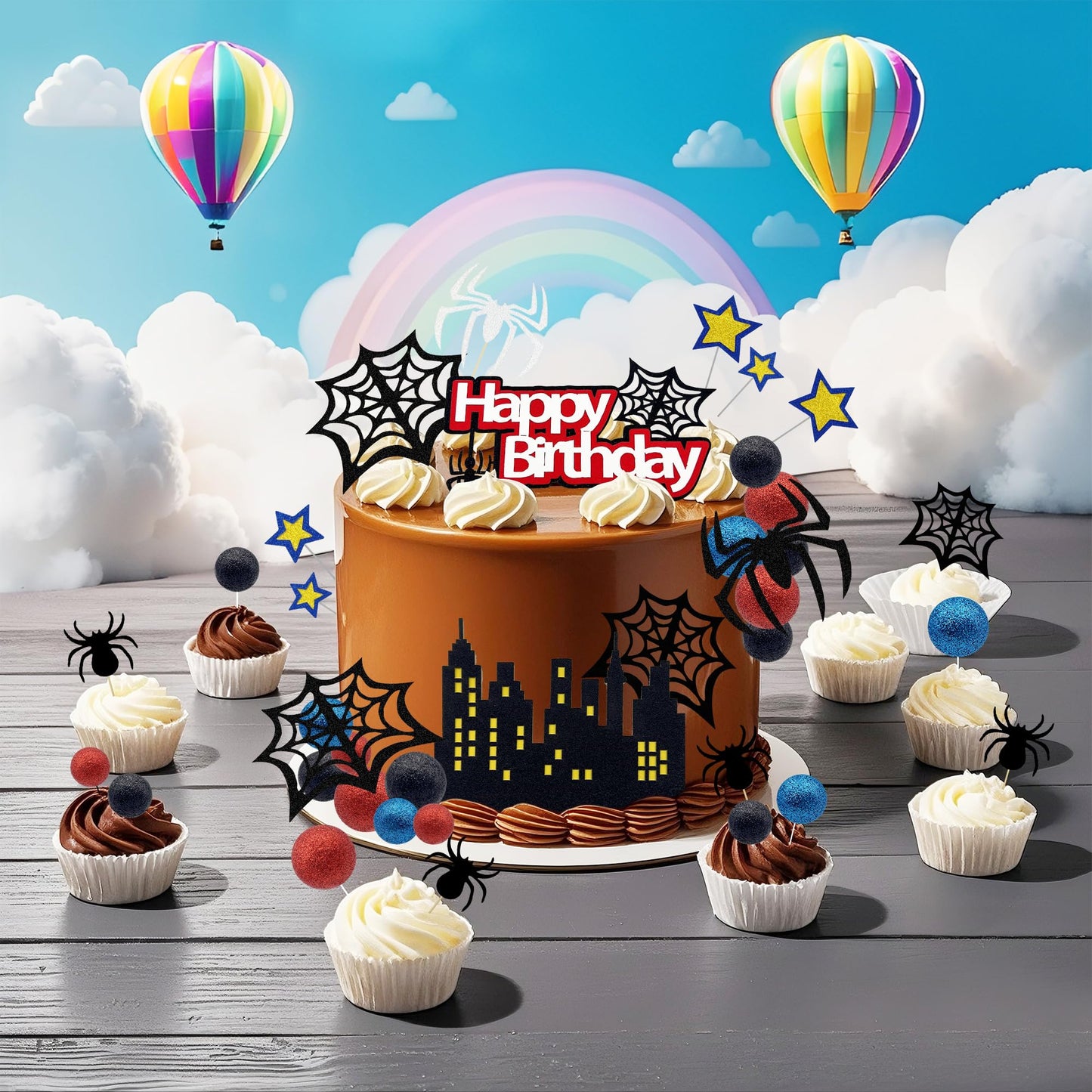 Firleayo 36pcs Spider Cake Topper Spider Web Cake Decoration Spider Themed Cake Decorations Glitter Red Blue Black Balls City Star Cupcake Topper for Boys Men Birthday Party Baby Shower Supplies