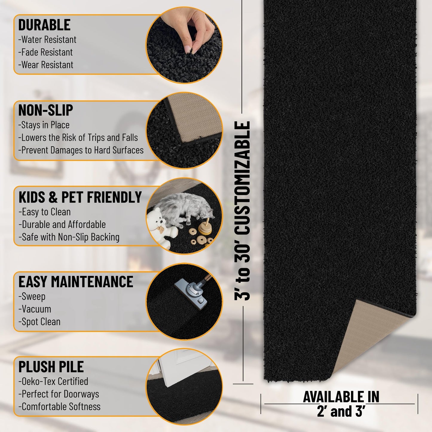 Ottomanson Shag Area Rug 3' x 5', Fluffy Bedroom Rug with Non-Slip Rubber Backing, Soft Non-Shedding Accent Rug for Living Room, Nursery, Entryway, Dorm, Black