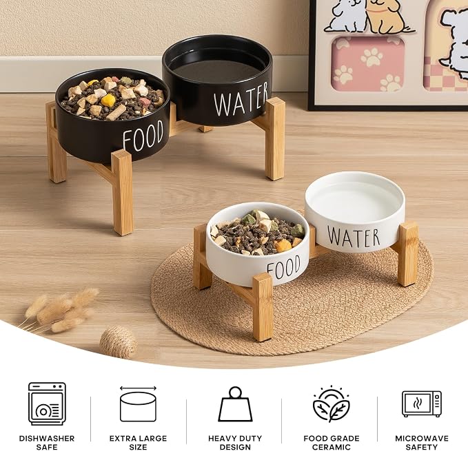 Elevated Ceramic Dog Bowls Set - Food & Water Lettering Raised Dog Bowl with Non-Slip Bamboo Stand for Small and Medium Dogs, Weighted Dogs Dishes Pet Bowls (6 inch, 2 * 30oz, Black)