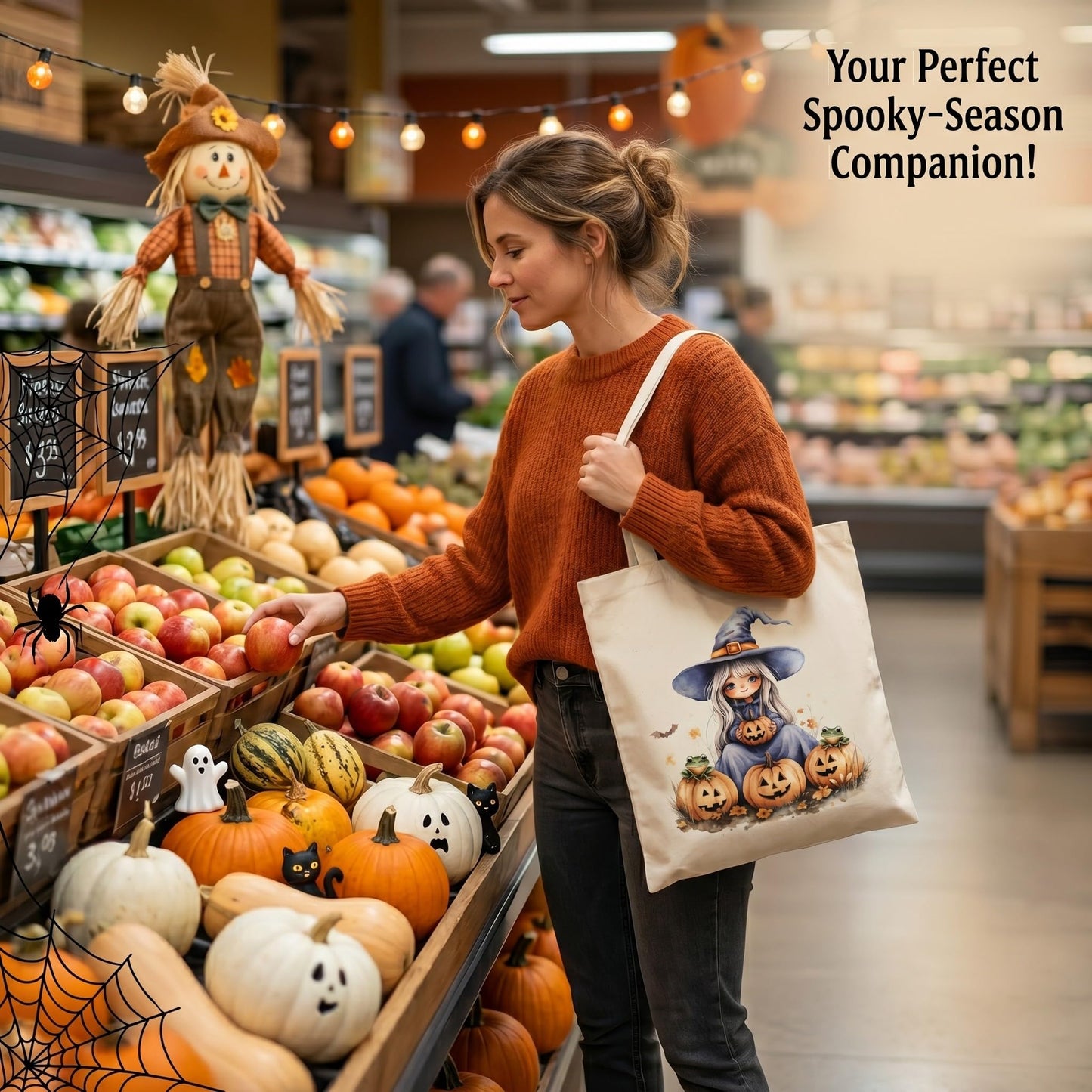 Fall Halloween Tote Bags 2Pcs, Cotton Blend Canvas Tote with Pumpkin Ghost Witch Prints, Reusable Shoulder Bags for Thanksgiving Party Trick or Treat Gift (witch&pumpkin)