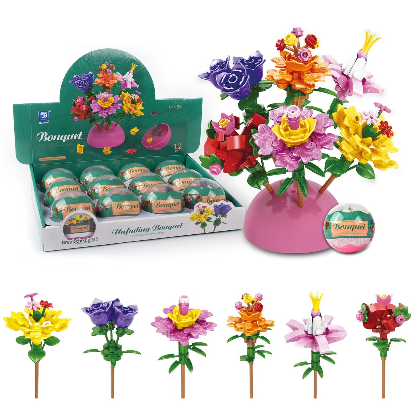 auryee 12 Pack Filled Eggs with 157 Pcs DIY Flower Garden Building Blocks for Party Favors, Easter Egg Hunt, Classroom Events - Educational Activity Toy for Girls 6+ Years Old