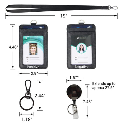 Walaufsti ID Badge Holder with Two ID Windows, 2 Pack Vertical PU Leather Badge Card Holder with 1 Heavy Duty Retractable Reel & 1 Lanyard & 1 Keychain Clip