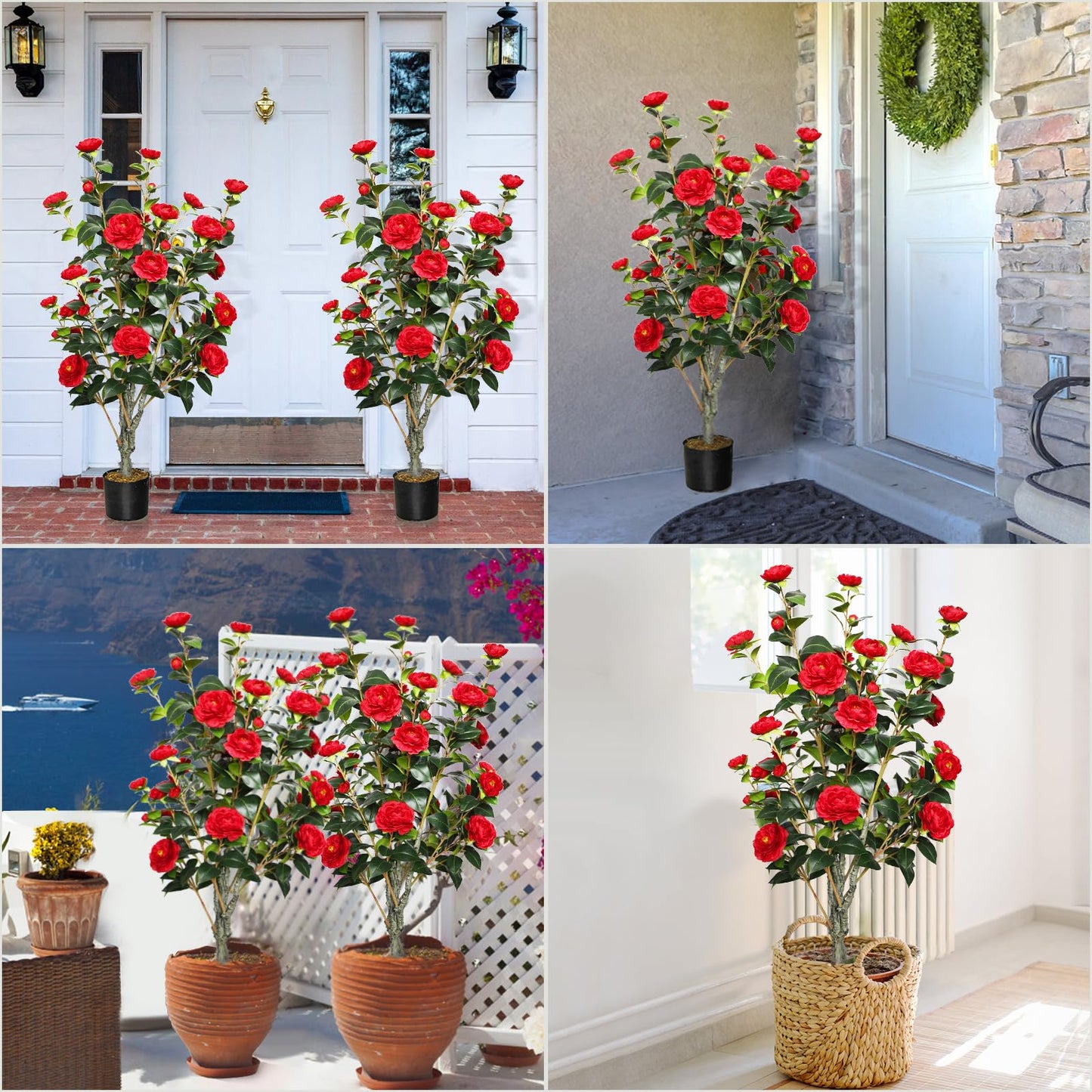 2 Pack Artificial Camellia Tree 42" Faux Floral Trees with 36 Red Blooming Flowers Tall Camellia Plant in Cement Pot with Dried Moss for Porch Front Door Office Shop Home Room