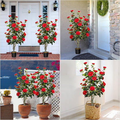 2 Pack Artificial Camellia Tree 42" Faux Floral Trees with 36 Red Blooming Flowers Tall Camellia Plant in Cement Pot with Dried Moss for Porch Front Door Office Shop Home Room