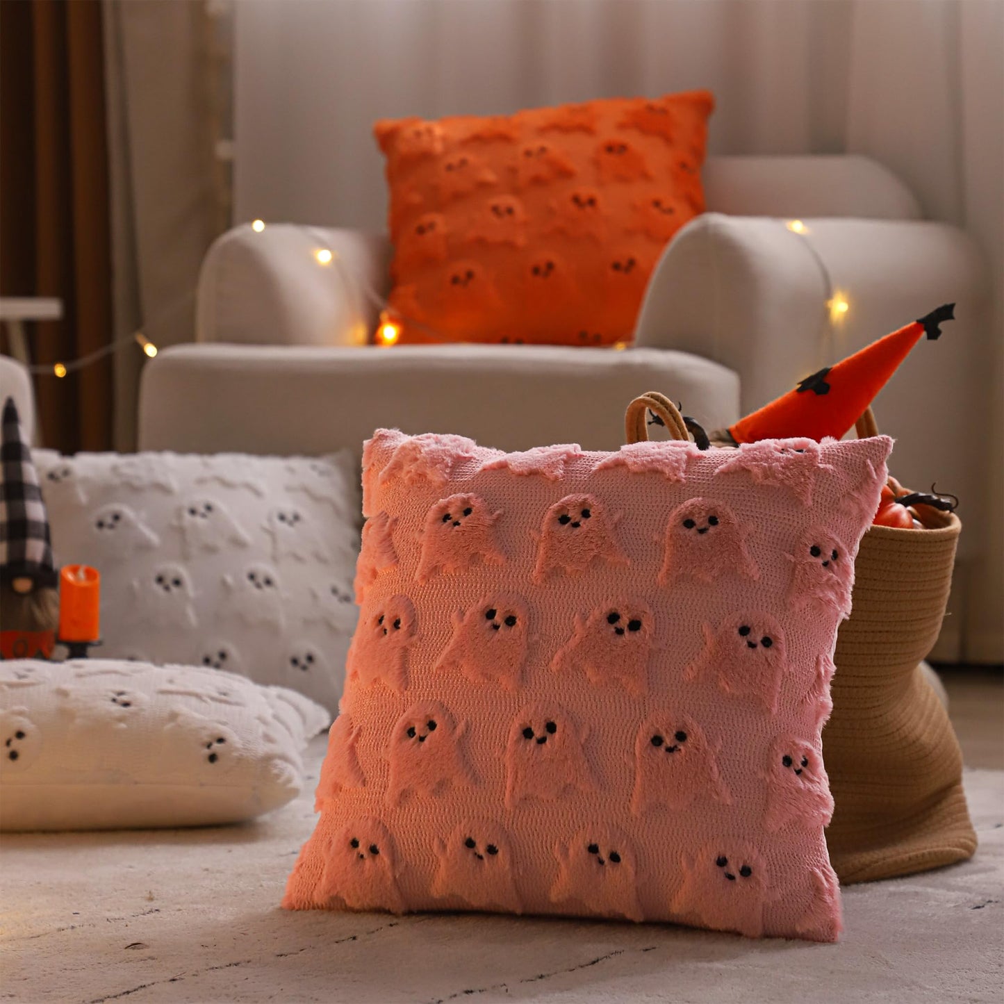 LUOYEHK Halloween Pillow Covers 18x18 Inch Set of 2 Pink Ghost Decorative Pillow Cases Holiday Soft Plush Faux Fur Cushion Covers for Couch Sofa Bed