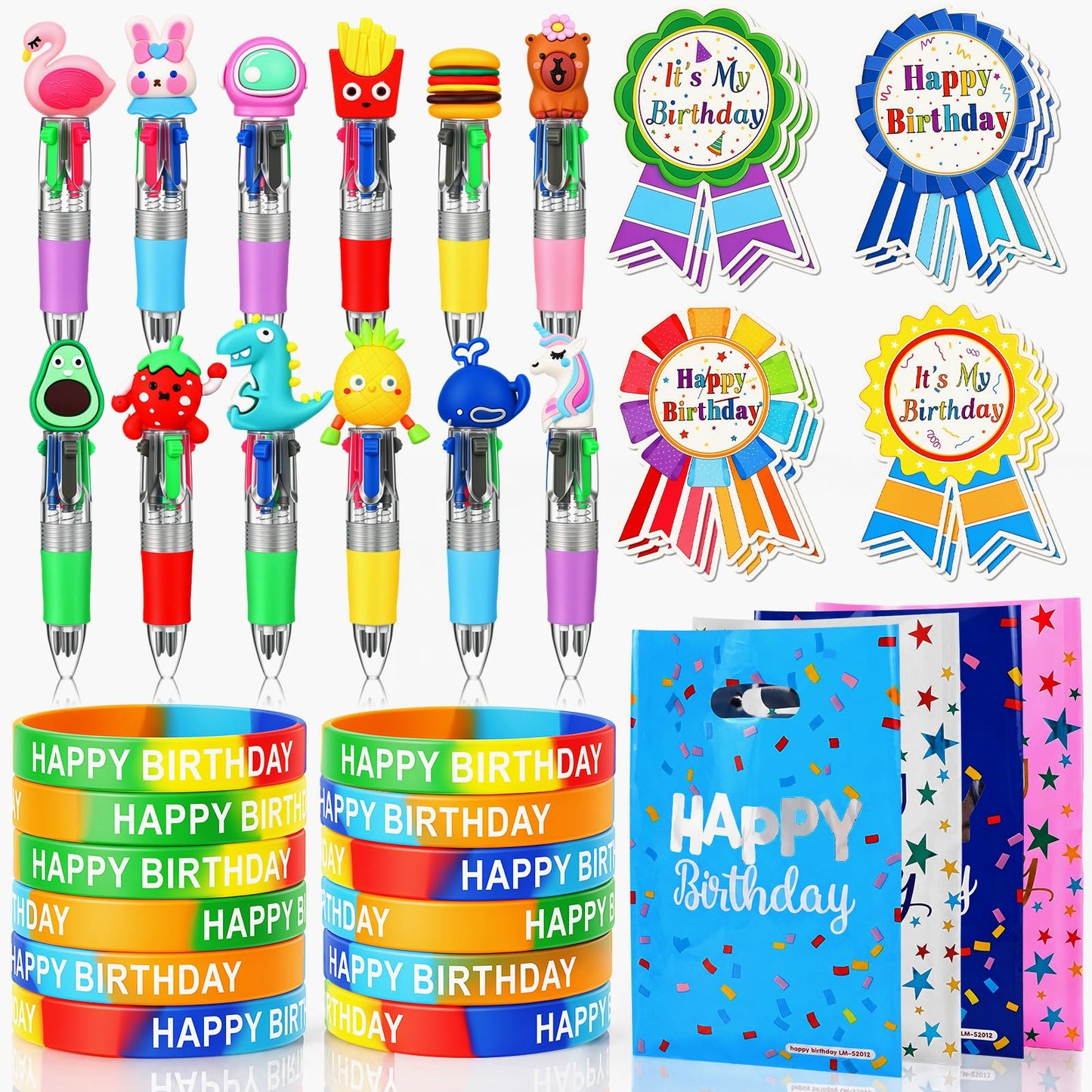 Marspark 48 Pcs Birthday Gifts Party Favors Set Goodie Bag with Multicolor Pen Badge Sticker Silicone Wristband Birthday Gifts Reward from Teacher for Happy Fete Day Party Supplies