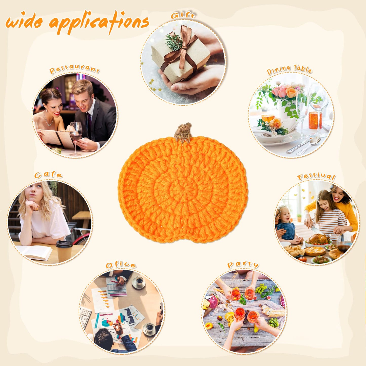 8 Pcs Crochet Pumpkins Coaster Handmade Knitted Drink Coaster Set Autumn Drink Cup Pad Mats Absorbent Bottle Mug Place Mats for Table Protection Fall Halloween Thanksgiving Themed Party Decoration