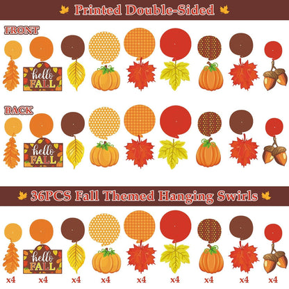 36CT Autumn Hello Fall Party Hanging DecorationsFoil Swirls Pumpkins Maple Leaves Acorns Harvest Thanksgiving Photo Props Ideas Ceiling Door Whirls Streamers Supplies