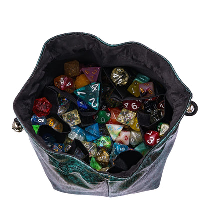 KSNDie Large DND Dice Bag Leather Dice Storage Bag Dark Green D&D Drawstring Pouch with Pockets for RPG Table Games - Can Hold 200+ Polyhedral Dice