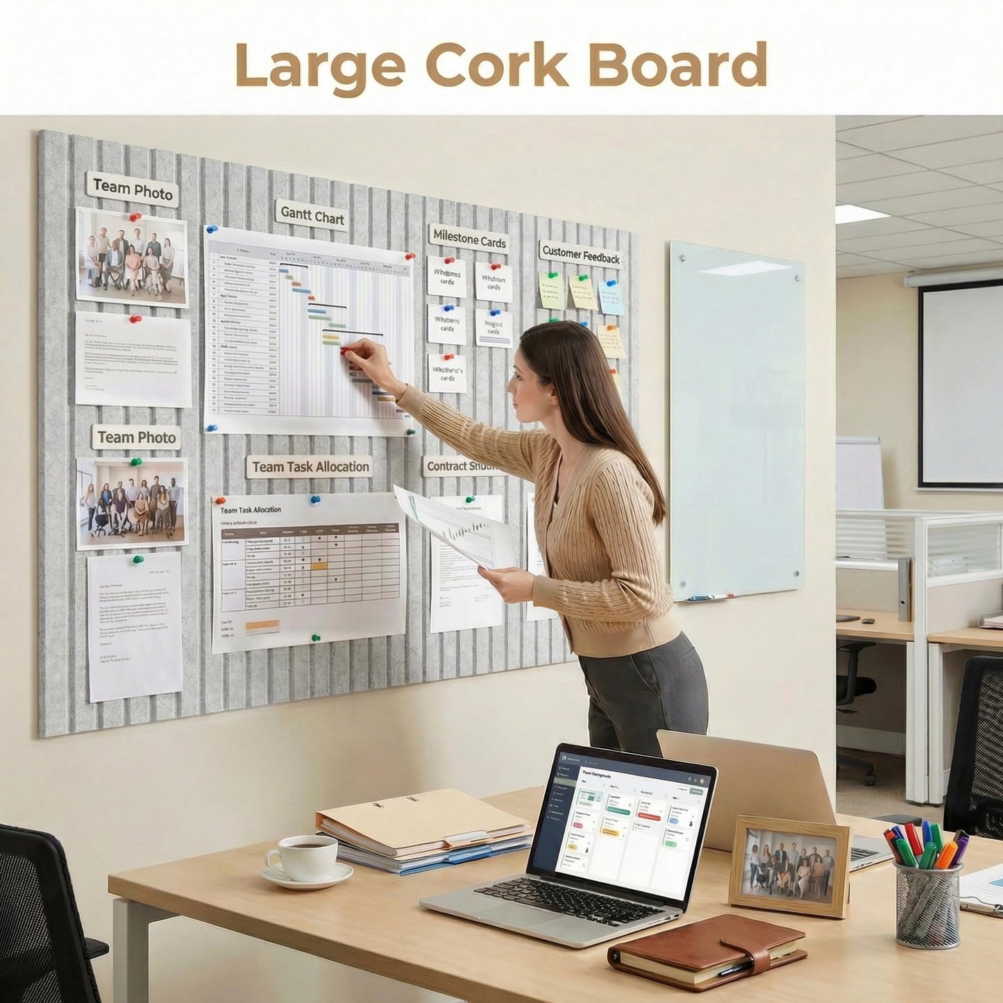 AHEONLAR Felt Bulletin Board 36"x 24", Cork Boards for Walls, 6 Pack Bulletin Board Large Cork Board for Office, Felt Boards with 40 Safe Removable Adhesive Tabs Wall Decor for Home(Light Gray)