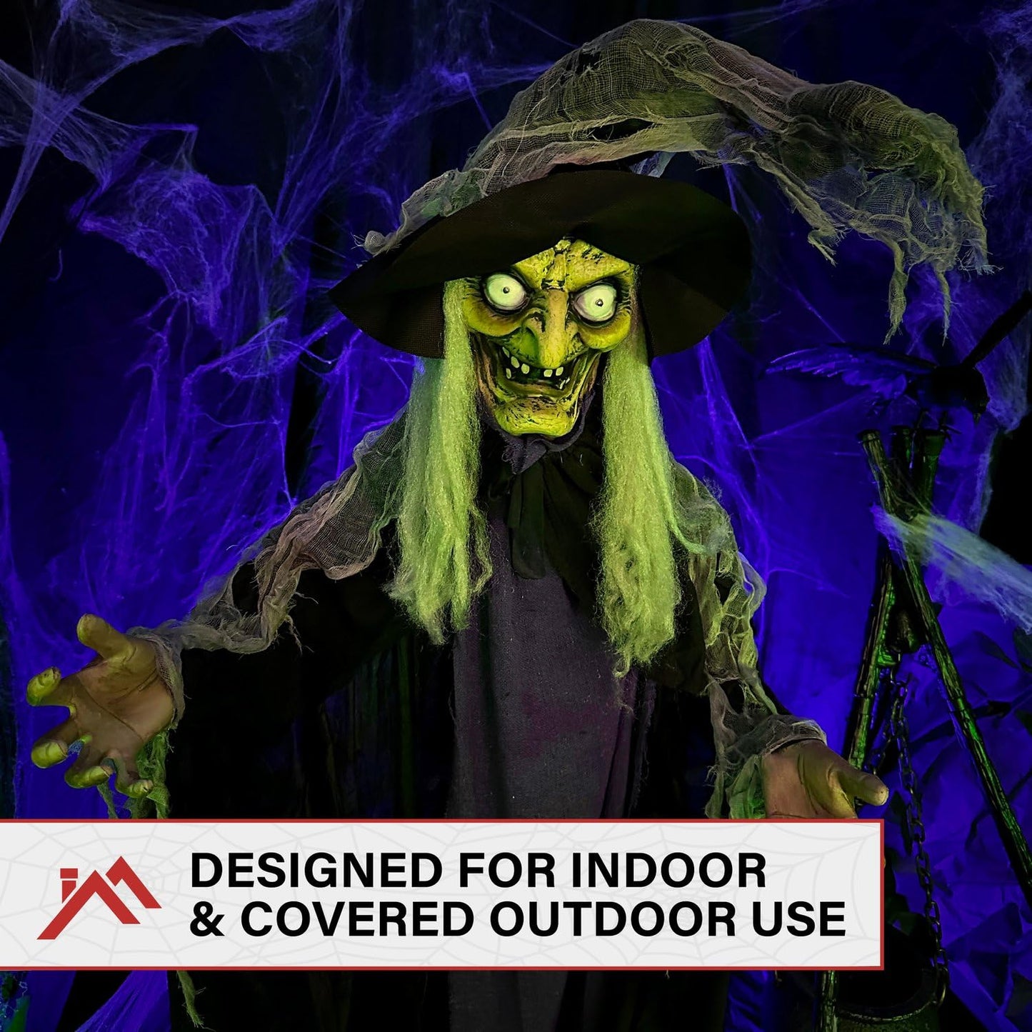Haunted Hill Farm Life-Size Poseable Scary Talking Witch, Halloween Animatronic with Touch Activated Lights and Sound, Battery Operated Indoor or Covered Outdoor Halloween Decorations, Fright Props