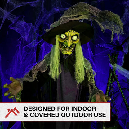 Haunted Hill Farm Life-Size Poseable Scary Talking Witch, Halloween Animatronic with Touch Activated Lights and Sound, Battery Operated Indoor or Covered Outdoor Halloween Decorations, Fright Props