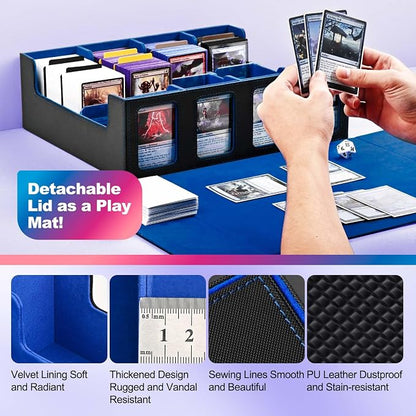 UAONO Trading Card Storage Box with Commander Display; 2400+ Deck Box for MTG with Removable Cover; Top Loaders Card Case fits Magic TCG PTCG Sports Cards; 24 Dividers, 4 Stoppers (Black, Blue)