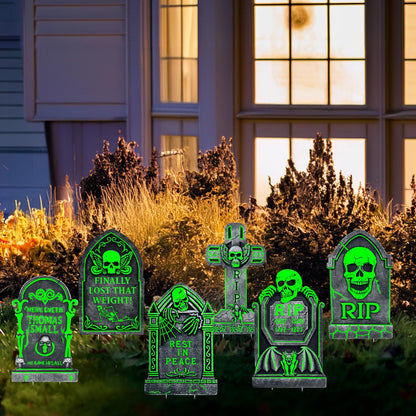 6 Pack Halloween Tombstones Graveyard Decorations, Halloween Yard Sign Glow in The Dark, 17”×10” Waterproof Outdoor Light Up Tombstones, Spooky Light Up Gravestones for Yard, Home, Party, Scary Decor