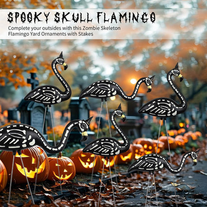 TitTees Halloween Decorations 2 Pack Black Flamingo Skeleton, Zombie Flamingos for Spooky Graveyard Decor, Skull Flamingo with Stakes for Halloween Lawn Ornaments