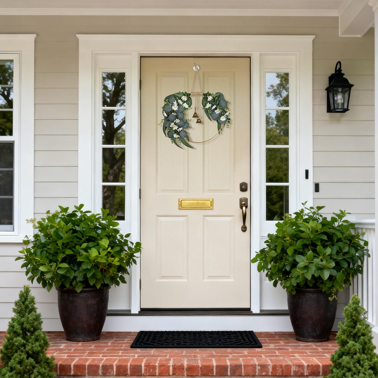 Kuabiz Spring Eucalyptus Wreath for Front Door 15.7" Artificial Spring Greenery Wreath with Olive Leaves Daisy Flower Summer Wreaths All Season for Farmhouse Porch Window Hanging Wall Home Decor