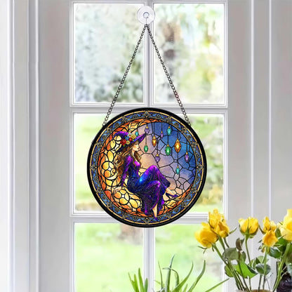 FIVITY 7.8" Moonlight Witch Suncatcher Stained Glass Window Hanging Mystical Witchy Sun Catchers Halloween Ornaments Wall Art Door Garden Room Home Decor Birthday for Teens Women