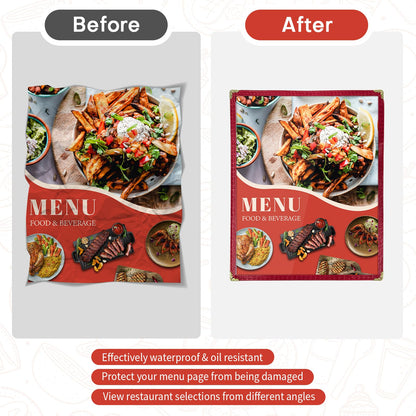FLKQC 10 Pack 8 View Restaurant Menu Covers, Fits 8.5" x 11" Paper, Transparent Recipe Menu Covers Holders for Kitchen, Drink, Wine Menu Covers Burgundy (10, 8.5"x 11" (4 Page, 8 View))