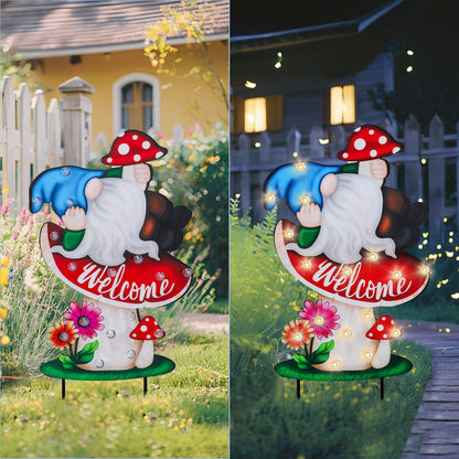 WONDER GARDEN Decorative Garden Stakes - Lighted Mushroom and Gnome Yard Sign Stakes with Flower, Spring Signs for Outdoor, Porch, Yard,Flower Bed Decor