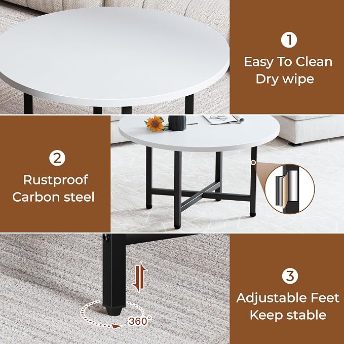Coffee Table, 23.6" Small Coffee Tables, Gray Round Coffee Tables for Living Room, Floor Table for Sitting on The Floor, Center Coffee Table with Metal Frame for Office Apartment Home, White