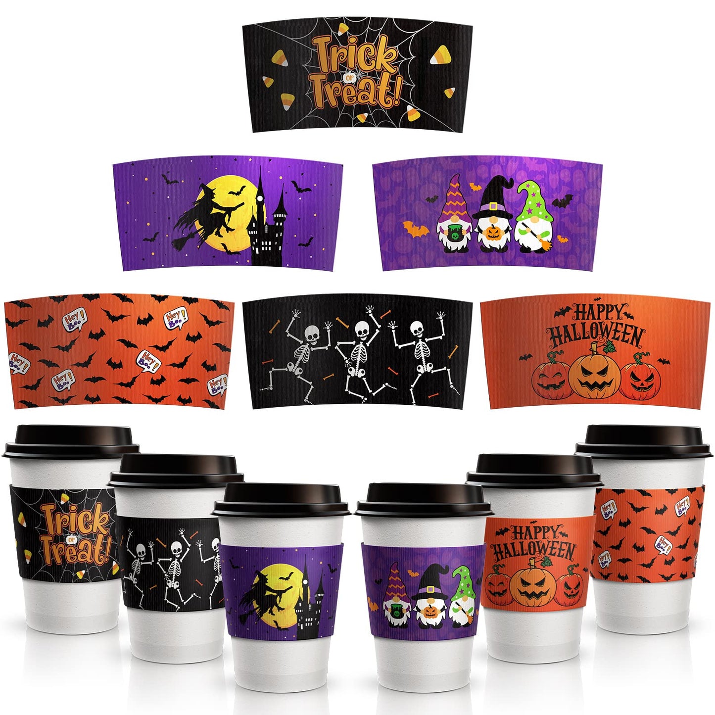 36 Pcs Halloween Coffee Cups Sleeves, Disposable Double Layer Paper Sleeves Corrugated Cup Paper Jacket for 12oz 16oz Hot Chocolate Coffee Tea or Cold Beverage, 6 Designs