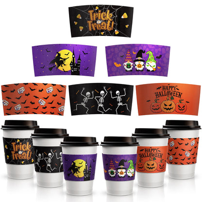36 Pcs Halloween Coffee Cups Sleeves, Disposable Double Layer Paper Sleeves Corrugated Cup Paper Jacket for 12oz 16oz Hot Chocolate Coffee Tea or Cold Beverage, 6 Designs