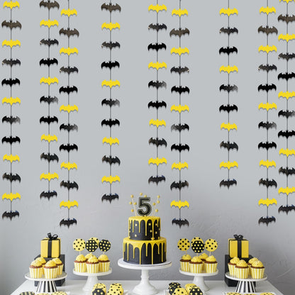 Cheerland Bat Birthday Decorations Black and Yellow Super Hero Birthday Party Supplies Bat Themed Streamers Photo Backdrop Hanging Paper Comic Book Superhero Garland Kids Party Supplies Decor 10 Pcs